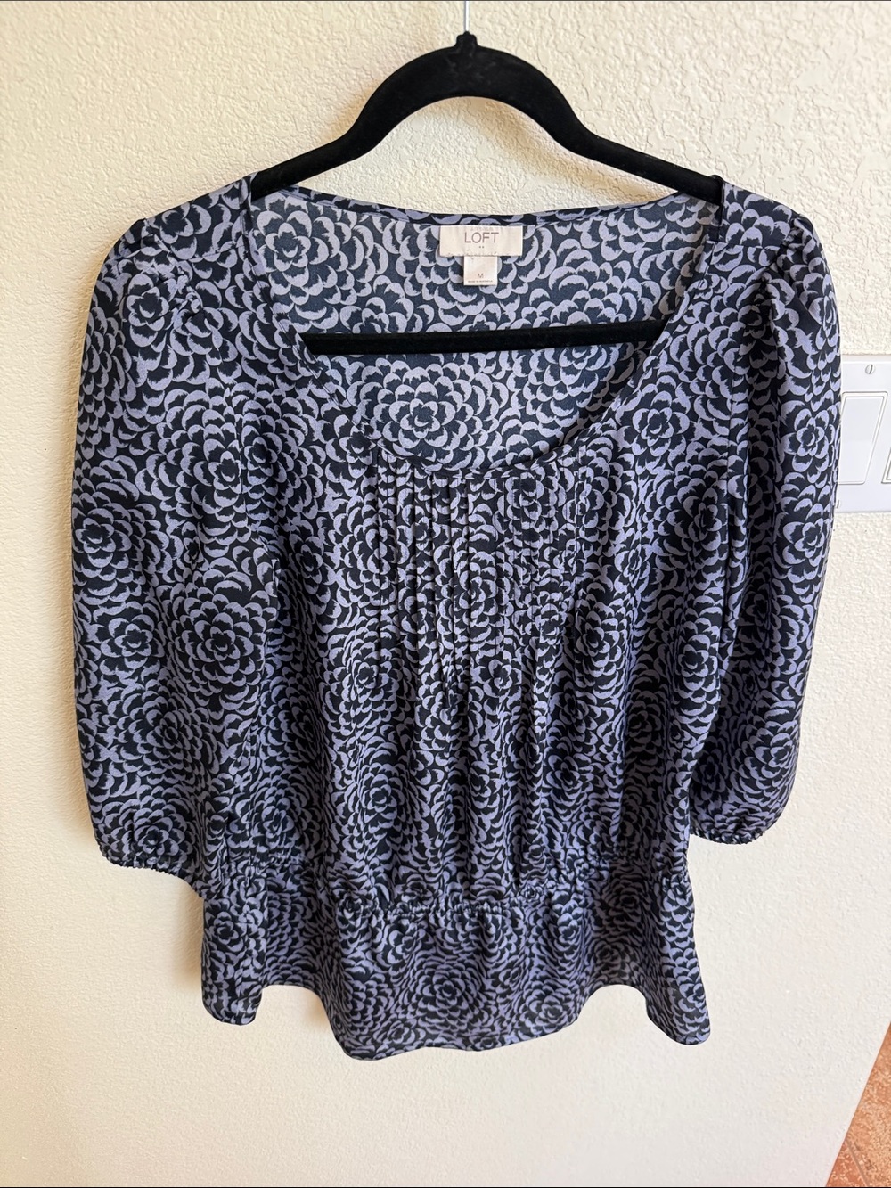 LOFT Black and Gray Floral Scoop Neck Blouse